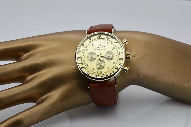 Złoty elegancki zegarek na pasku męski 14k 585 Geneve mw012y-y