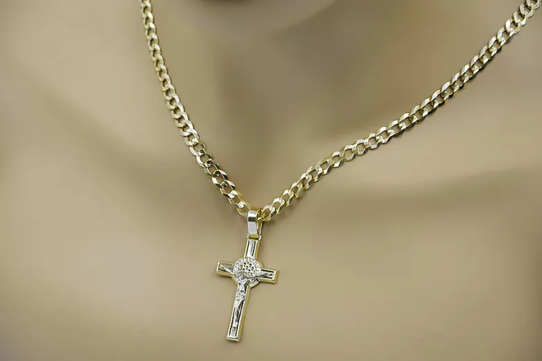 Krzyżyk Katolicki z białego złota 14k 585 zawieszka z Jezusem ctc027w