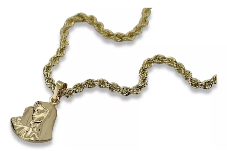 Mother of God virgin Mary 14k gold pendant & Corda chain pm004yXS&cc019y