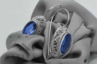 Pendientes Vintage de Plata 925 con Zafiro, Ovalados 37mm