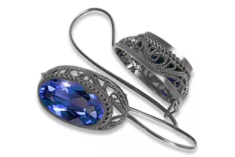 Pendientes Vintage de Plata 925 con Zafiro, Ovalados 37mm