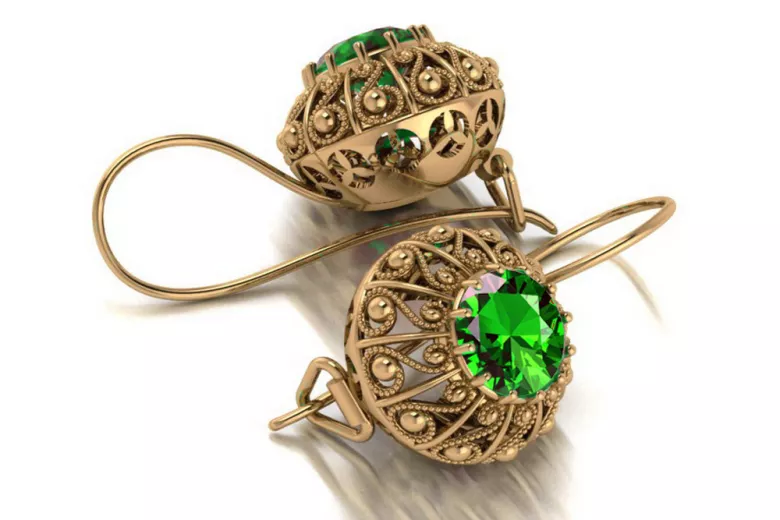 Vintage rose pink 14k 585 gold emerald earrings vec002 Russian Soviet style