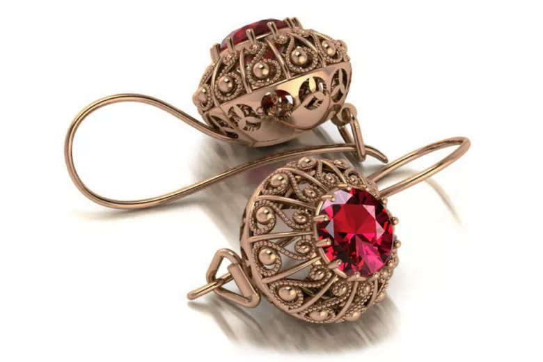 Kolczyki z różowego czerwonego 14k złota 585 z rubinem vec002 Vintage
