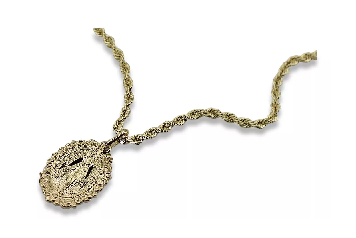 Золото 14k 585 Медальон Богоматери Девы Марии кулон и цепочка Corda pm005y&cc019y2mm