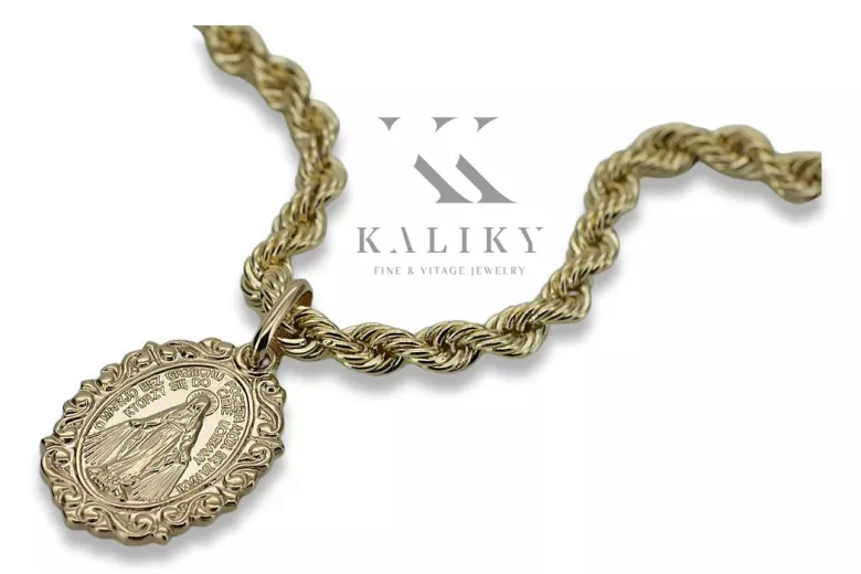 Золото 14к 585 Мати Божа Діва Марія медальйон підвіска & ланцюжок Корда pm005y&cc019y2mm