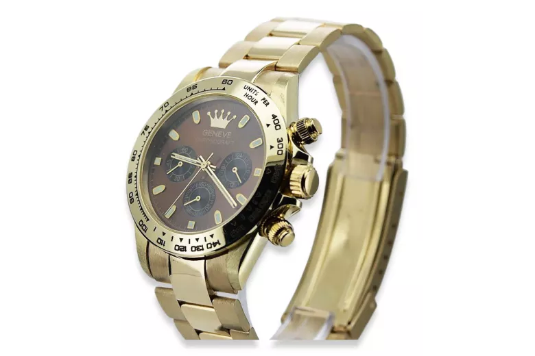 Złoty zegarek z bransoletą męski 14k Geneve mw014ydbr&mbw017y z brązową tarczą