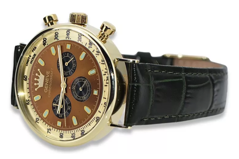 Złoty elegancki zegarek na pasku męski 14k 585 Geneve mw012y-br