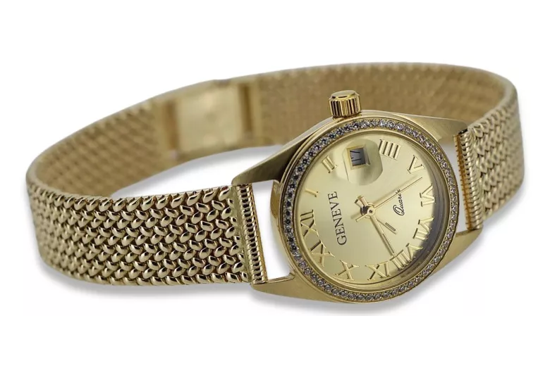 Złoty zegarek damski 14K Geneve, włoski kwarc, 24mm | Zlotychlopak.pl