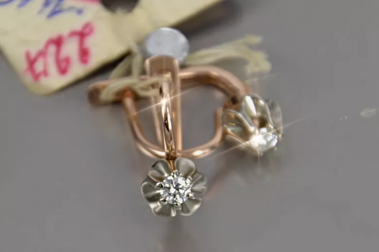 Rose pink 14k 585 gold diamond earrings ved153rw Vintage Russian Soviet style