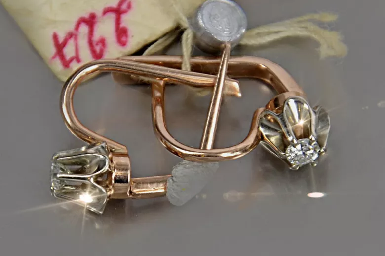Rose pink 14k 585 gold diamond earrings ved153rw Vintage Russian Soviet style