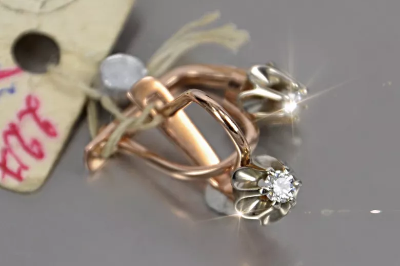 Rose pink 14k 585 gold diamond earrings ved153rw Vintage Russian Soviet style