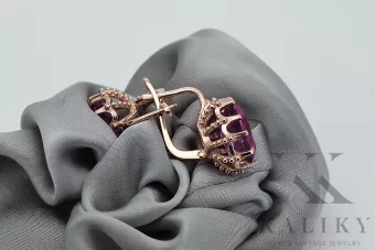 Vintage náušnice s růžovou červenou 14k zlatou 585 s ametystem Vec079 vintage