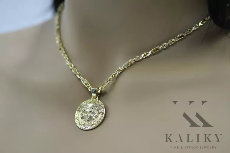 Złoty medalik Grecka droga meduza Versace 14k 585 z łańcuszkiem Corda Figaro cpn049y&cc082y