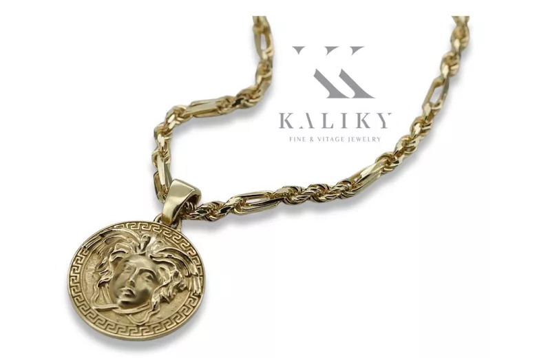 Greek style medallion & Corda Figaro 14k gold chain cpn049y&cc082y