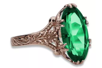 14k Розово златен пръстен с изумруд, Винтидж овален 8x15mm