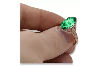 14k Розово златен пръстен с изумруд, Винтидж овален 8x15mm