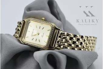 14K Gold Rechteckige Damenuhr mit Zirkonia, Italienisches Design