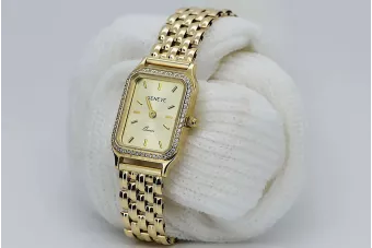 14K Gold Rechteckige Damenuhr mit Zirkonia, Italienisches Design