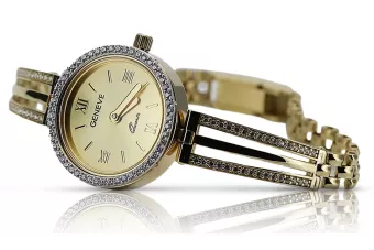 This is a 14K Geneva, Italian, zirconia, 23mm gold watch