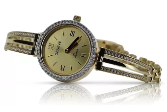 This is a 14K Geneva, Italian, zirconia, 23mm gold watch