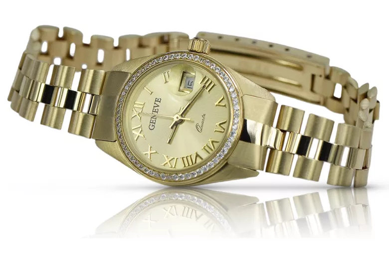 Prześliczny 14k 585 złoty damski zegarek Geneve lw078ydg&lbw009y