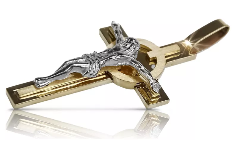 Złoty krzyż Katolicki 14k 585 zawieszka krzyżyk z Jezusem żółte białe złoto ctc049wy