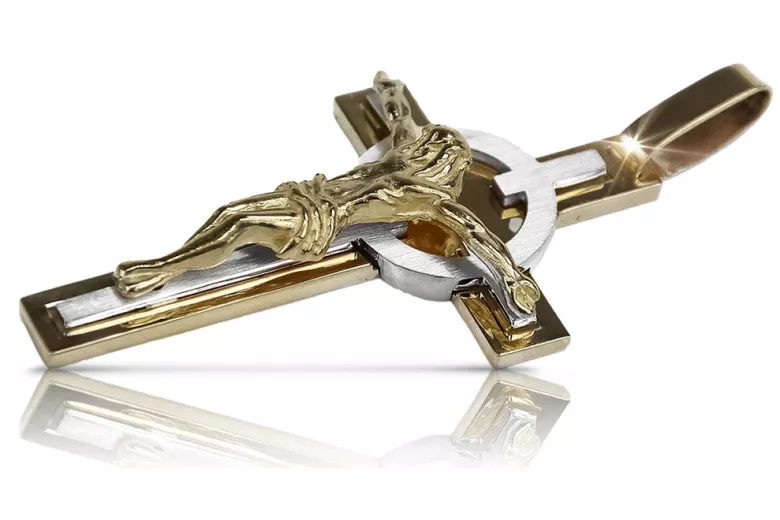 Złoty krzyż Katolicki 14k 585 zawieszka krzyżyk z Jezusem żółte białe złoto ctc049yw