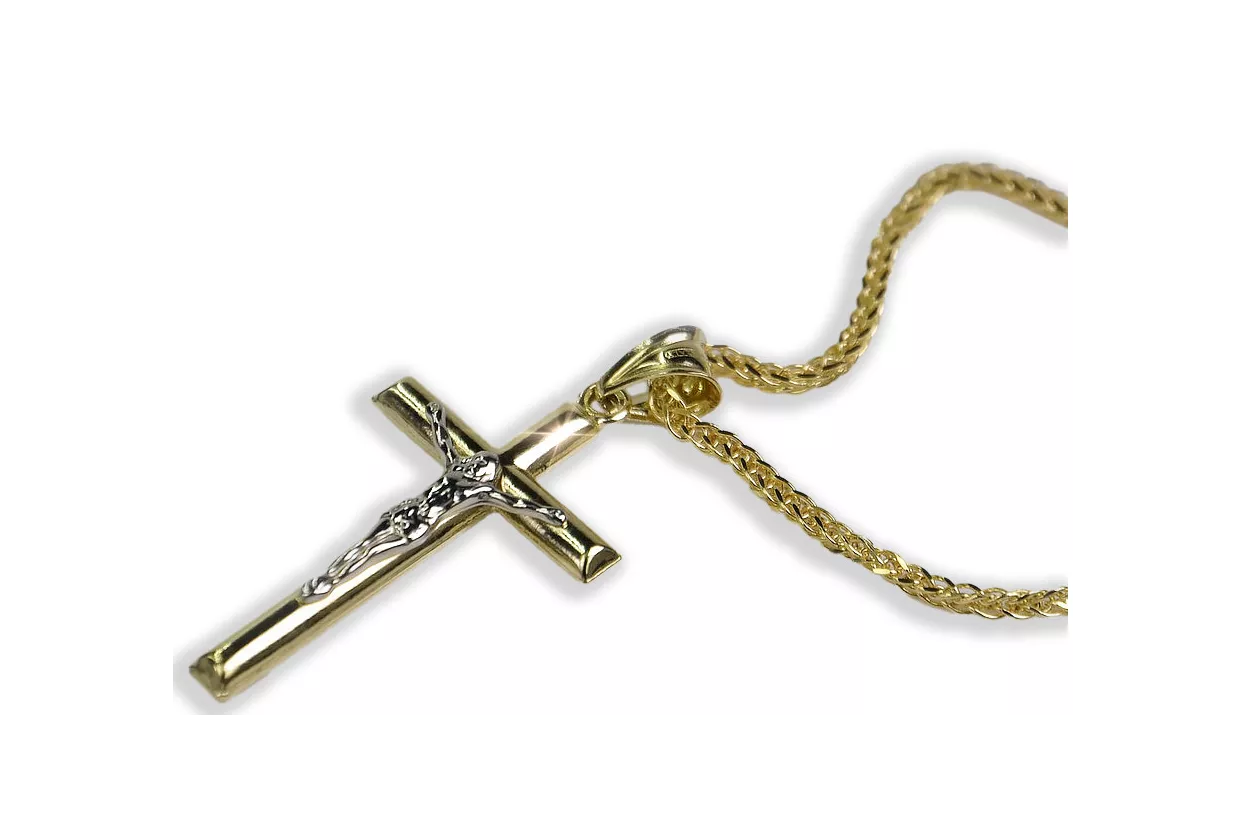 Croix catholique italienne en or jaune 14 carats et chaîne Spiga