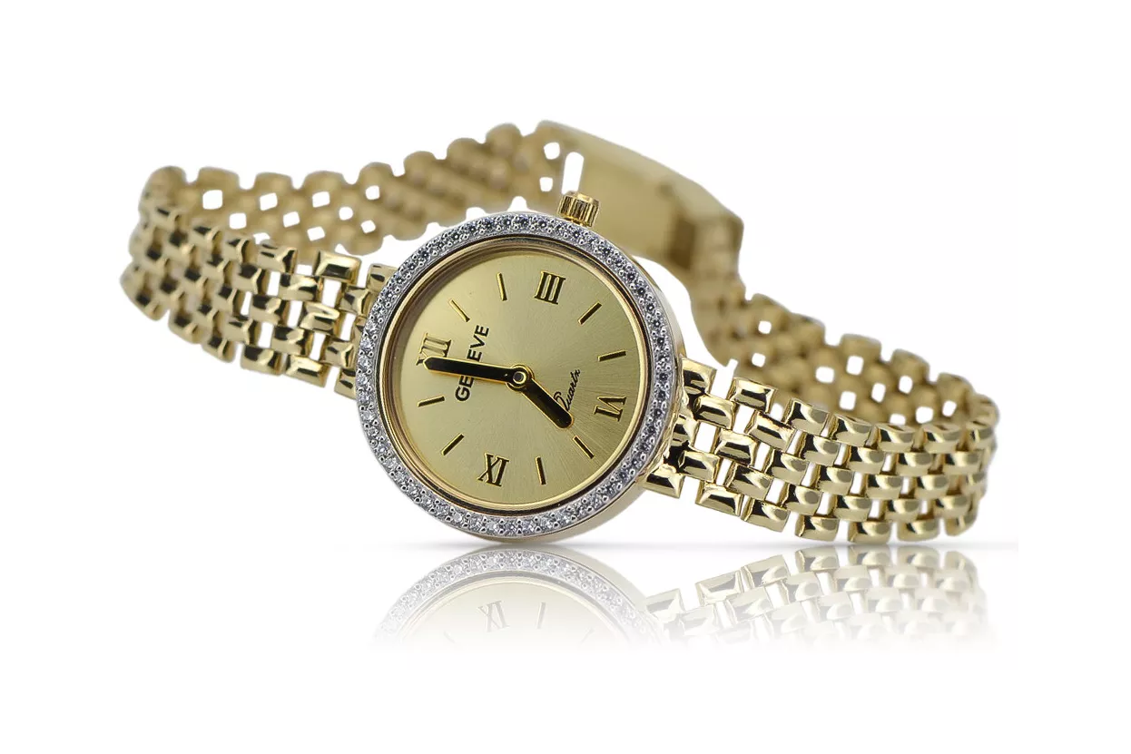 Dies ist eine 14K Genf, Italienisch, Zirkonia, 23mm Gold Uhr