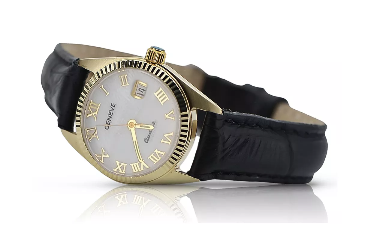 Złoty zegarek damski 14k 585 Geneve perłowa tarcza lw020ydpr