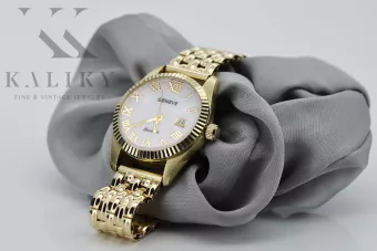 Χρυσό γυναικείο ρολόι 14K Geneve με ζιρκόνιο, μαργαριταρένια θήκη