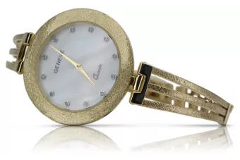 Италианско жълто 14k злато Geneve Lady часовник перлен циферблат Подарък lw098y