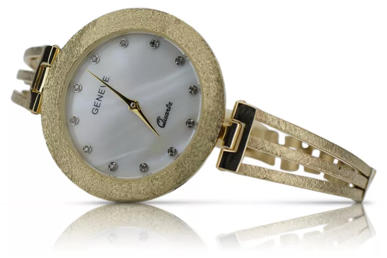 Prześliczny 14k 585 złoty damski zegarek Geneve z perłową tarczą lw098y