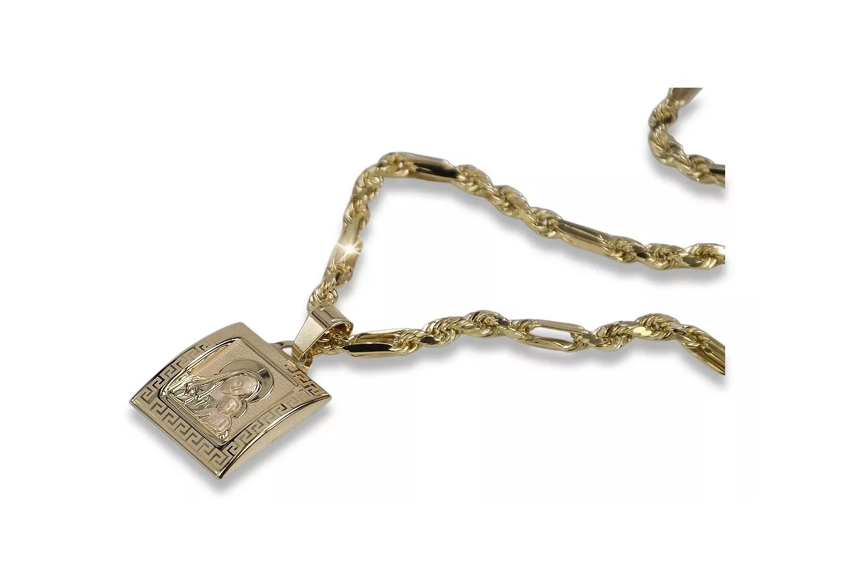 Mother of God medallion & Corda Figaro 14k gold chain pm001yM&cc004y50
