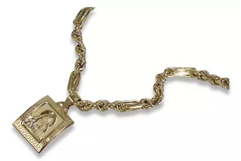 Mother of God medallion & Corda Figaro 14k gold chain pm001yM&cc004y50