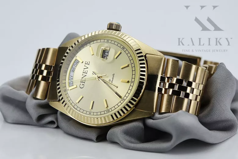 копия мужских золотых часов с браслетом 14k Geneve mw013ydy&mbw016y