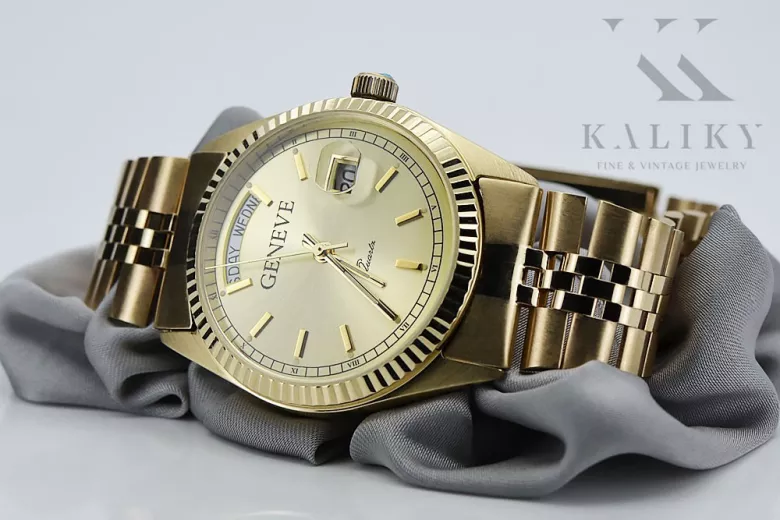 копія чоловічого золотого годинника з браслетом 14k Geneve mw013ydy&mbw016y