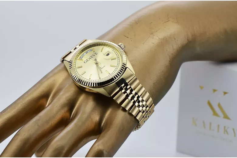 копие на мъжки златен часовник с гривна 14k Geneve mw013ydy&mbw016y