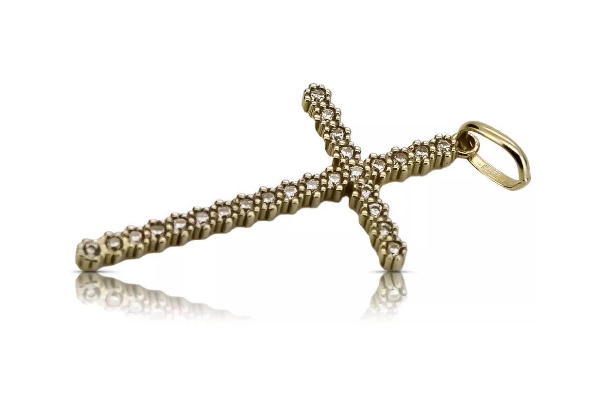 Goldkatholisches Kreuz mit Zirkonen 14k 585 Kreuzanhänger mit Jesus Gelb-Weißgold ctc029y