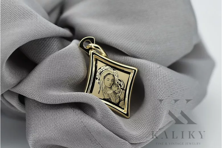 Pandantiv icoană cu medalion Maria din aur galben de 14k pm028y