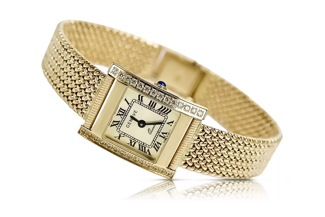 14K Gold Women's Watch, Rectangular, Italian, Cyrkonia