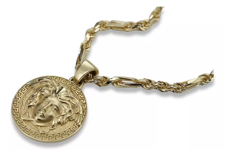 Medallón estilo griego Medusa y cadena Corda Figaro de oro de 14k cpn049y20&cc004y45