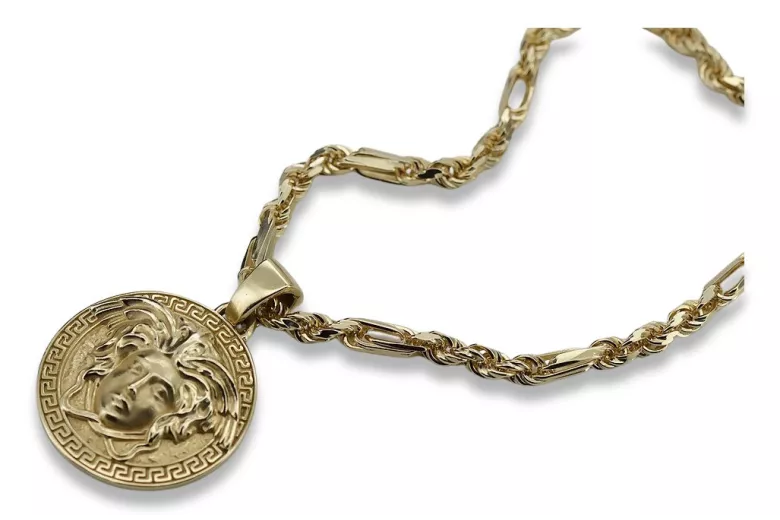 Medallón estilo griego Medusa y cadena Corda Figaro de oro de 14k cpn049y20&cc004y45