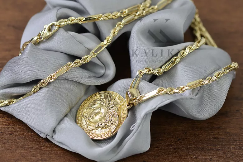 золотого медальона Versace 14k 585 «Greek Way Jellyfish» с цепочкой Corda Figaro cpn049y20&cc004y45