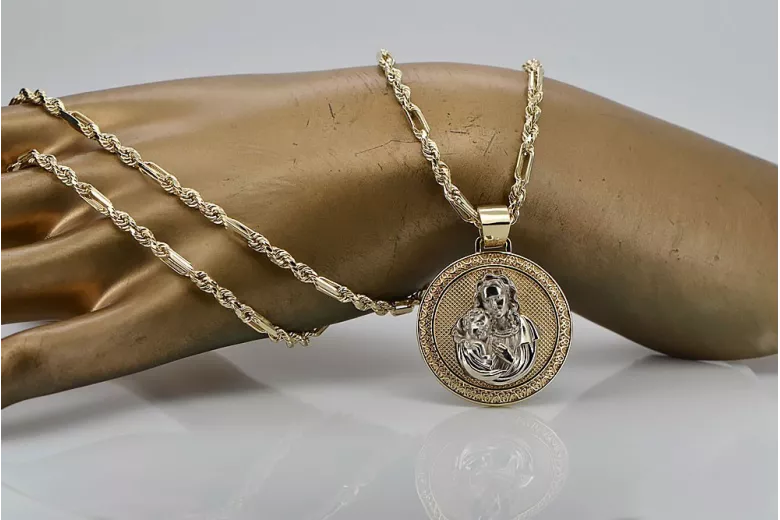 Pandantiv icoan dur cu medalion Maria din aur galben de 14k pm027yw