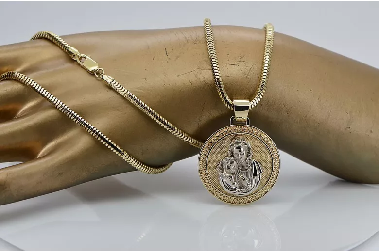 Colgante Bozia de oro de 14k, Madre de Dios con cadena de cuerda pm027y&cc020y