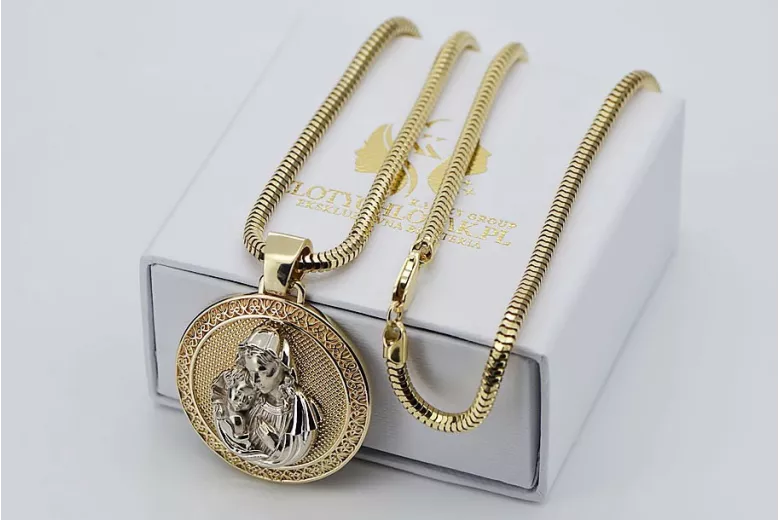 Colgante Bozia de oro de 14k, Madre de Dios con cadena de cuerda pm027y&cc020y