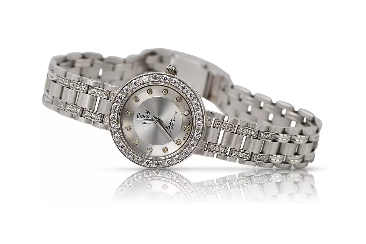 Prześliczny 14k 585 damski zegarek z białego złota lw051w