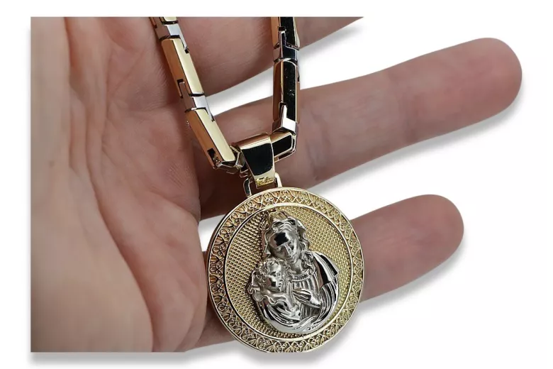 Gold přívěsek medaile 14k božia matka božský s řetězem pm027YW30 & cc047yw