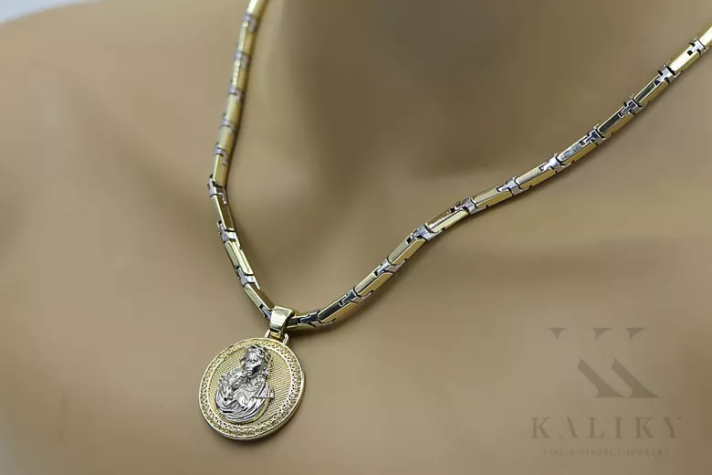 Gold přívěsek medaile 14k božia matka božský s řetězem pm027YW30 & cc047yw